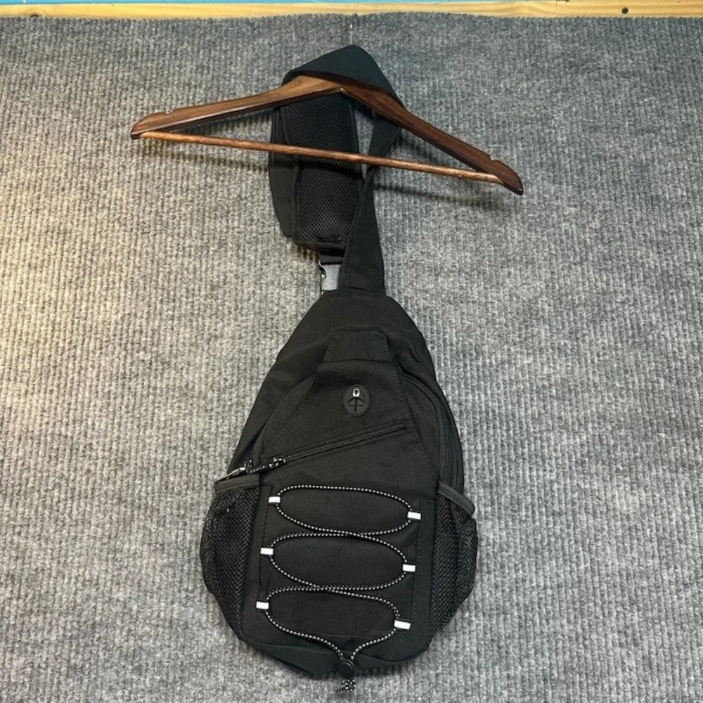 Black Sling Backpack Crossbody Shoulder Bag with Bungee Cord and Headphone Port